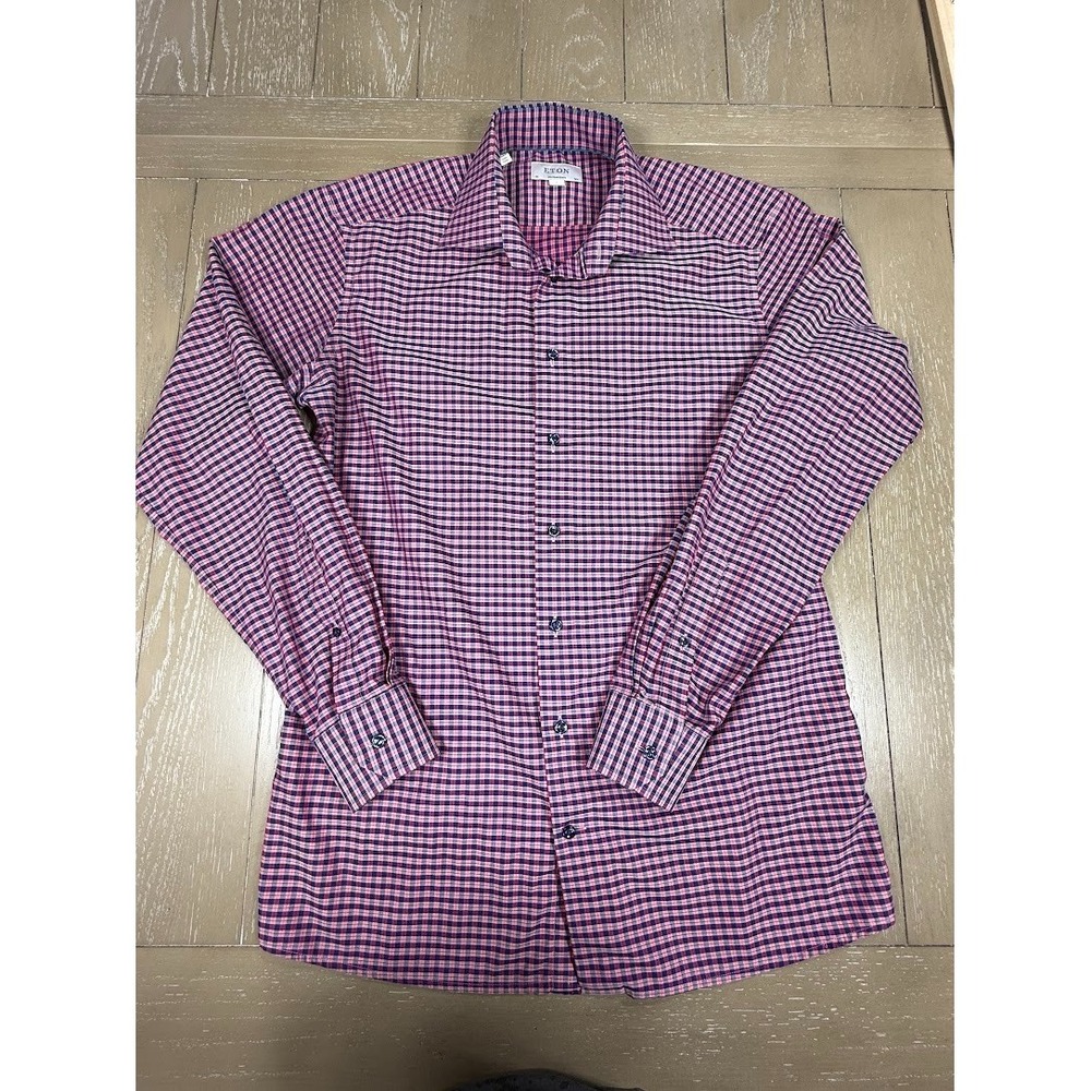 ETON Dress Shirt Size 16.5 42 Large Pink‎ Blue Plaid Contemporary Button Up